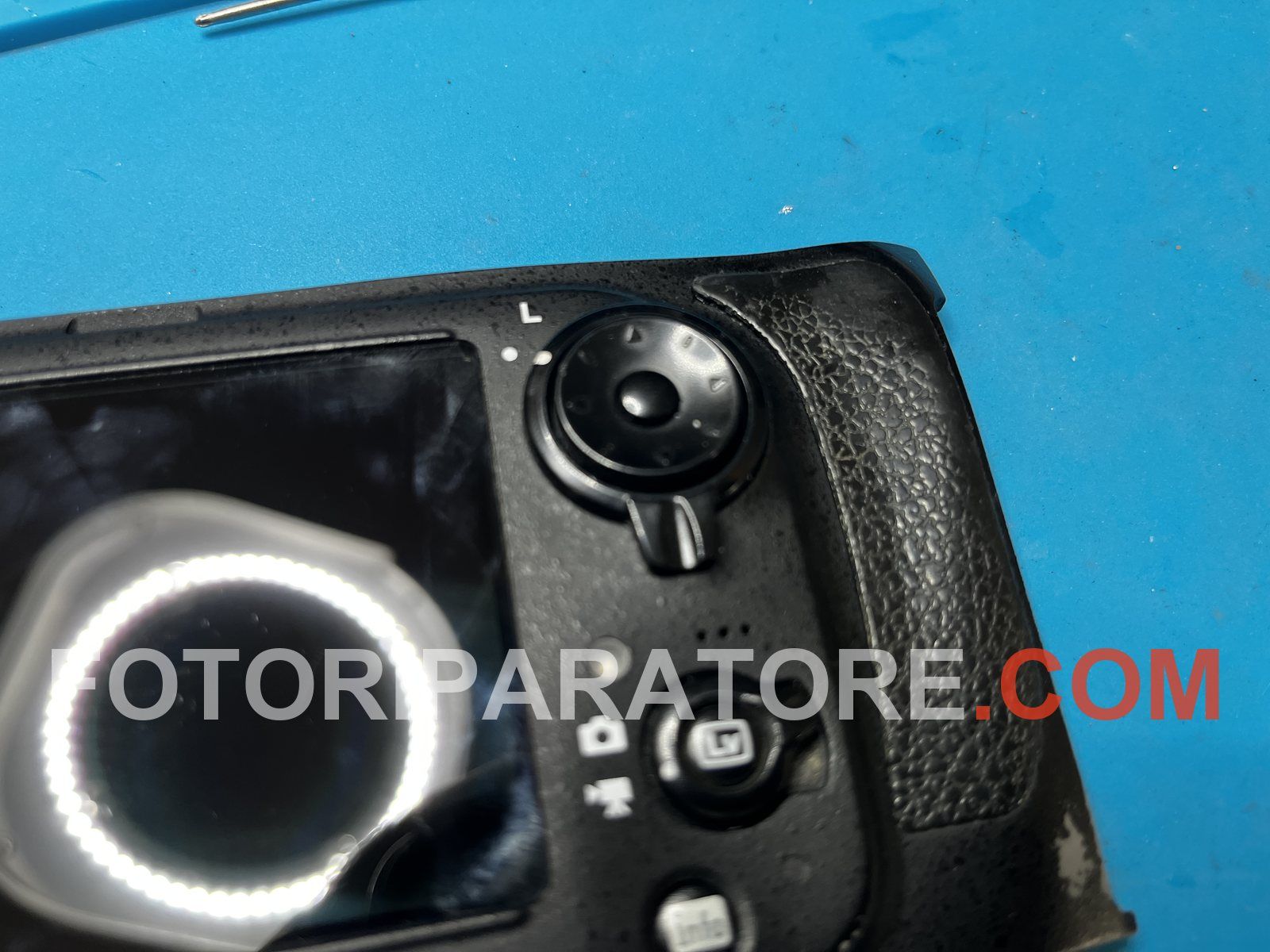 Il multi-selettore posteriore della Nikon D800E, con il gommino di comando consumato dall'uso