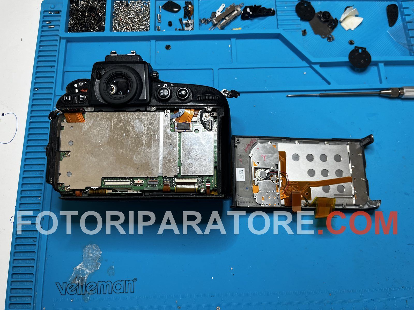 Nikon D800E aperta sul banco, con la cover posteriore separata dal corpo